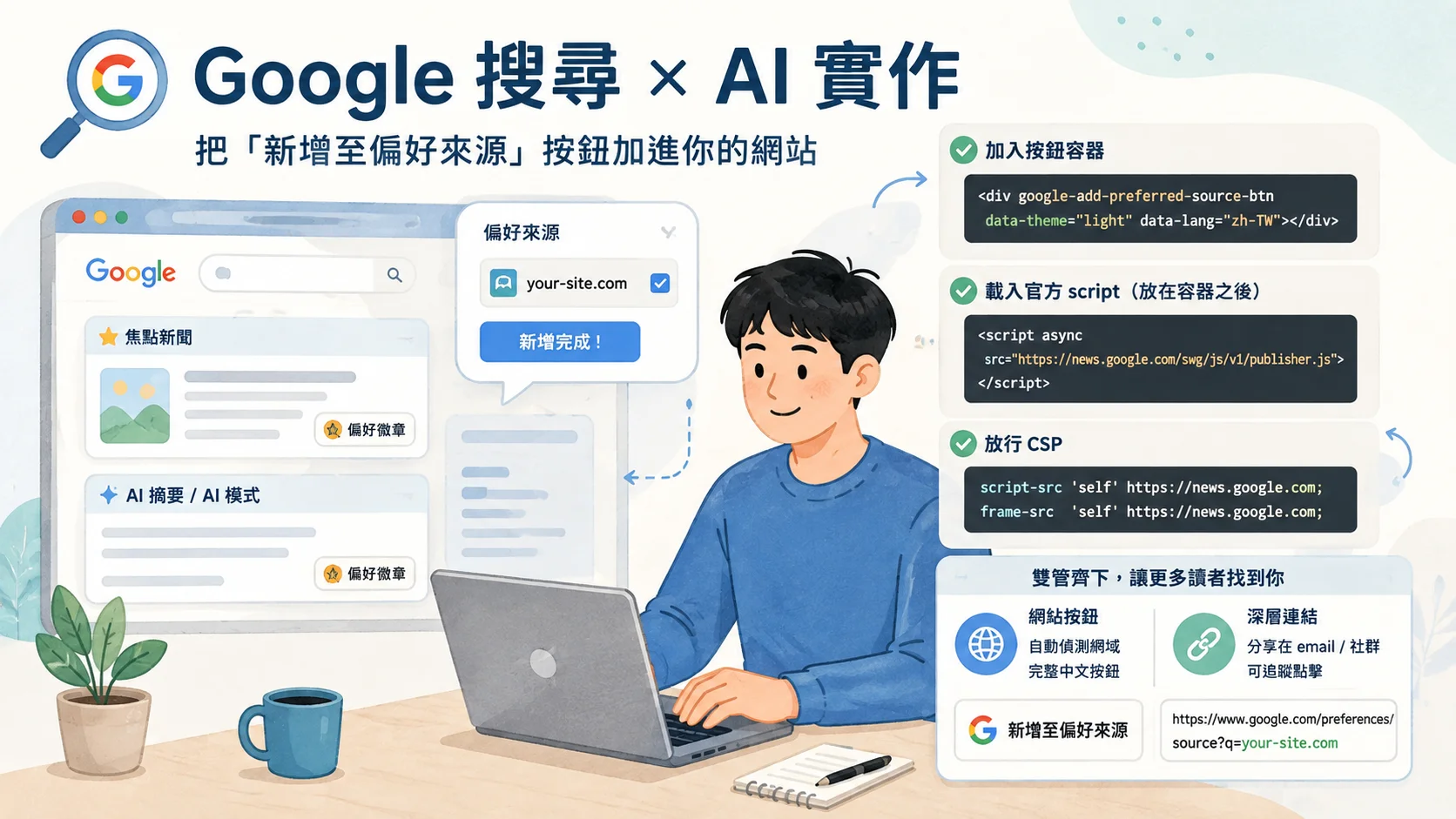 Google 偏好來源是什麼？網站站長用 AI 加上按鈕的完整實作指南